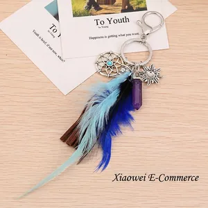 Bohemian dreamcatcher keychain with blue feathers, sun charm, and purple crystal stone