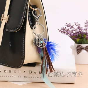 Detail of dreamcatcher keychain with blue feathers and opal on a black and white bag