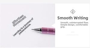 Detail of pink metal mechanical pencil showing fine lead writing and textured silver grip
