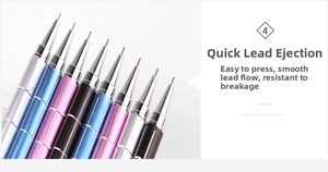 Macro detail of multi-color mechanical pencils featuring sleek metallic finish and fine tips