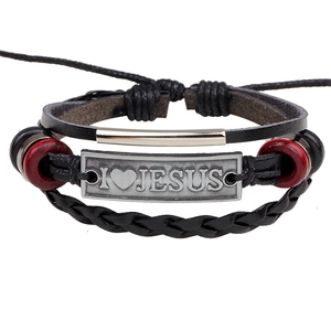 Multilayer woven leather bracelet with silver metal plate and I Love Jesus engraving
