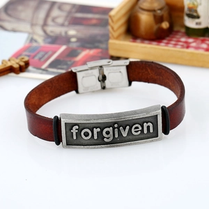 Vintage dark brown cowhide leather bracelet for men with forgiven metal plate and buckle