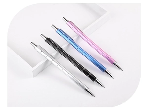 Detailed shot of four colorful metal mechanical pencils with non-slip grip texture