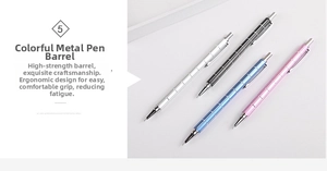 Macro detail of four assorted metal mechanical pencils with ergonomic non-slip grip