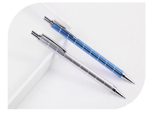 Detail showing silver and blue metal mechanical pencils with non-slip checkered grip texture