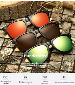 Detail of vintage square sunglasses featuring natural bamboo temples and colorful lenses