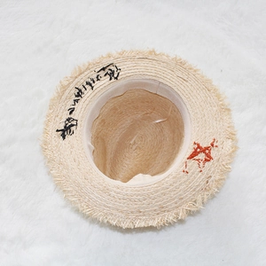 Detail of raffia straw hat with star embroidery and frayed edge on plush carpet