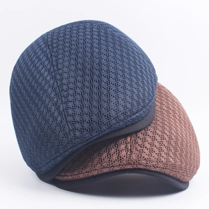 Men's summer mesh beret hats in navy and brown with breathable honeycomb knit design