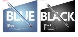 Detail of blue and black mechanical pencils with metallic silver clips and tips