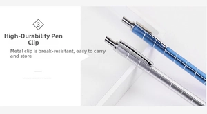 Detail of high-hardness metal clip on blue and silver mechanical pencils with grid pattern