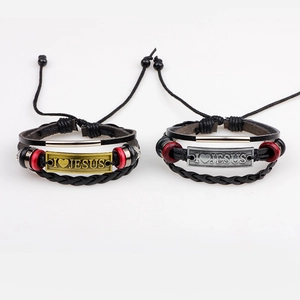 Braided leather bracelets featuring I Love Jesus metal plates in gold and silver