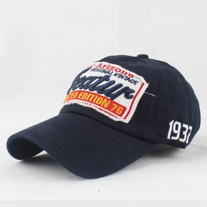Detailed view of navy blue washed baseball cap with Arizona and Featur embroidery