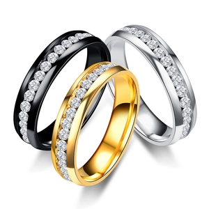 Fashion 6mm Single Row Rhinestone Stainless Steel Ring For Men Women European American Titanium Steel Band Ring Gold Silver Black Jewelry