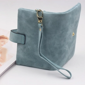 Blue-grey matte PU leather tri-fold short wallet with gold metal hardware and wrist strap