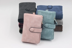 Short tri-fold matte PU leather wallets for women in pink, blue, and black colors