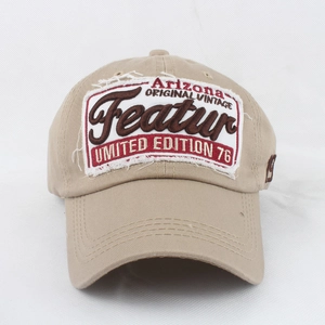 Close-up of vintage Arizona embroidery and 76 patch on khaki washed cotton baseball cap