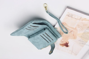 Blue matte PU leather tri-fold wallet with multiple card slots and wrist strap