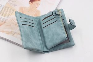 Detailed interior of tri-fold matte PU leather wallet with card slots and coin pocket