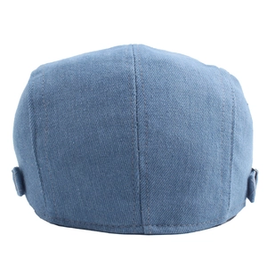 Blue denim flat cap for men with adjustable straps and vintage texture back view