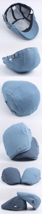 Detail view of denim beret cap featuring adjustable metal buckle and size 58 label