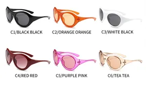 Detailed color chart of retro oval sunglasses in black, orange, white, and gradient tints