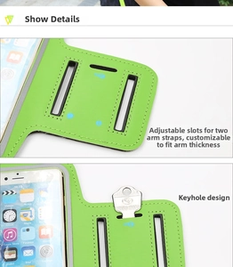 Detail of running armband showing neon green material, key slot, and adjustable strap
