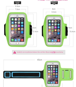 Size chart for touch screen sports armbands showing medium and large dimensions and strap length