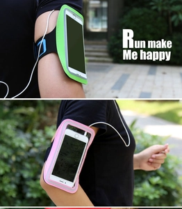 Detail of outdoor running armband with transparent touch window and earphone hole