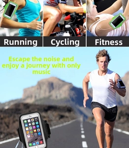 Detail of touchscreen sports arm bag with headphone port and adjustable strap