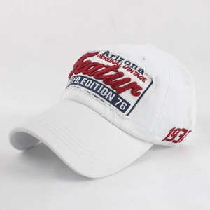 Close-up of Arizona vintage embroidery and detailed 1932 stitching on white cotton cap