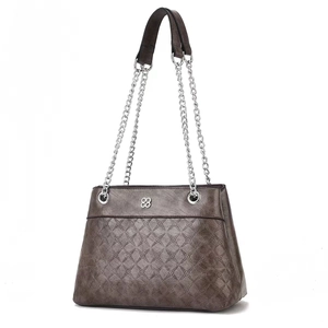 Quilted bronze shoulder bag with silver chain strap and floral embossed pattern