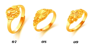 Detailed view of three gold flower rings numbered 07, 08, and 09 with intricate petals