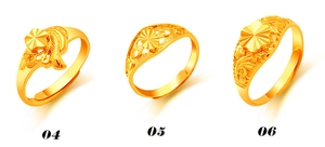 Three gold-plated rings with floral patterns labeled 04, 05, and 06 on white background