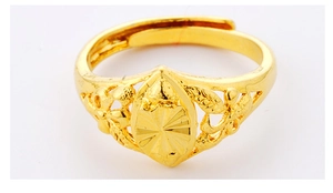 Detail of adjustable golden ring showing intricate floral pattern and embossed diamond texture