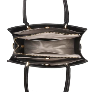 Top view of black pebbled leather tote showing three main compartments and gold hardware
