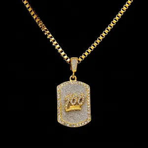 Hip Hop Rhinestone Pendant Necklace Alloy 100 Symbol Jesus Head Crown Military Tag With Stainless Steel Box Chain