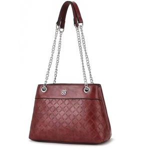 Quilted floral pattern shoulder bag in deep burgundy with silver chain strap
