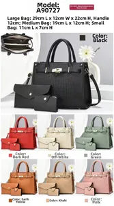 Detailed view of crocodile pattern handbag set with twist lock and three sizes dimensions