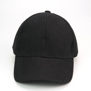 Detailed front view of a minimalist black cotton six-panel baseball cap with curved brim