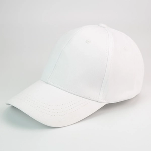 Side view of a plain white minimalist baseball cap with fine stitching details