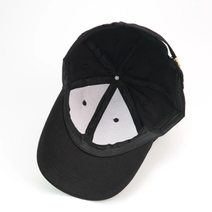 Interior view of a basic plain black solid color baseball cap with adjustable strap