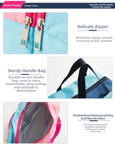 Detail of durable double zippers and waterproof dry-wet separation layer on travel bag