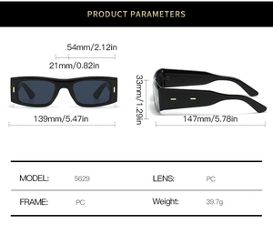 Detaillierte Maße der Retro-Rechteck-Sonnenbrille mit 54mm Glas und 147mm Bügellänge