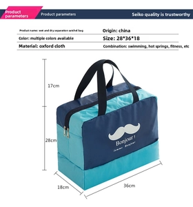 Detail view of dry-wet separated blue gym bag with bottom compartment and size labels