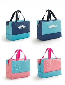 Detail view of large dry-wet separation sports bags with various cute graphic prints