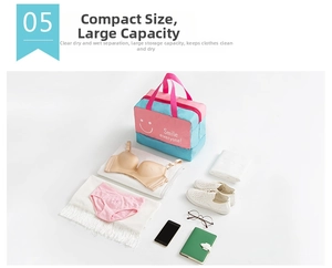 Flat lay of pink and blue dry-wet separation bag with clothes, towels and daily essentials