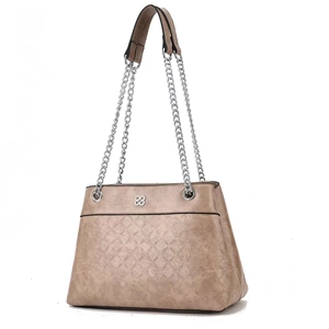 Detail of khaki brown quilted bag with clover embossing and silver chain strap texture