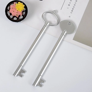 Detail of silver key-shaped gel pens showing intricate key bit and KRD-815 engraving