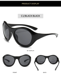 Three-angle product display of futuristic Y2K oversized sunglasses in glossy black finish