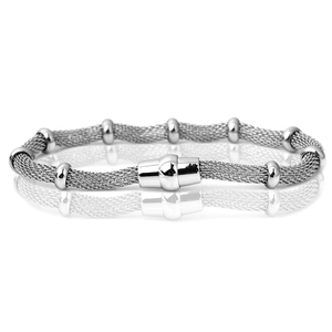 Detail view of a 4mm silver stainless steel mesh bracelet with polished beads and magnetic clasp
